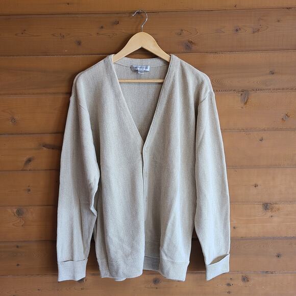 Vintage Oatmeal Tan Button Front Unisex Cardigan Sweater Vneck Large Acrylic - Picture 1 of 4
